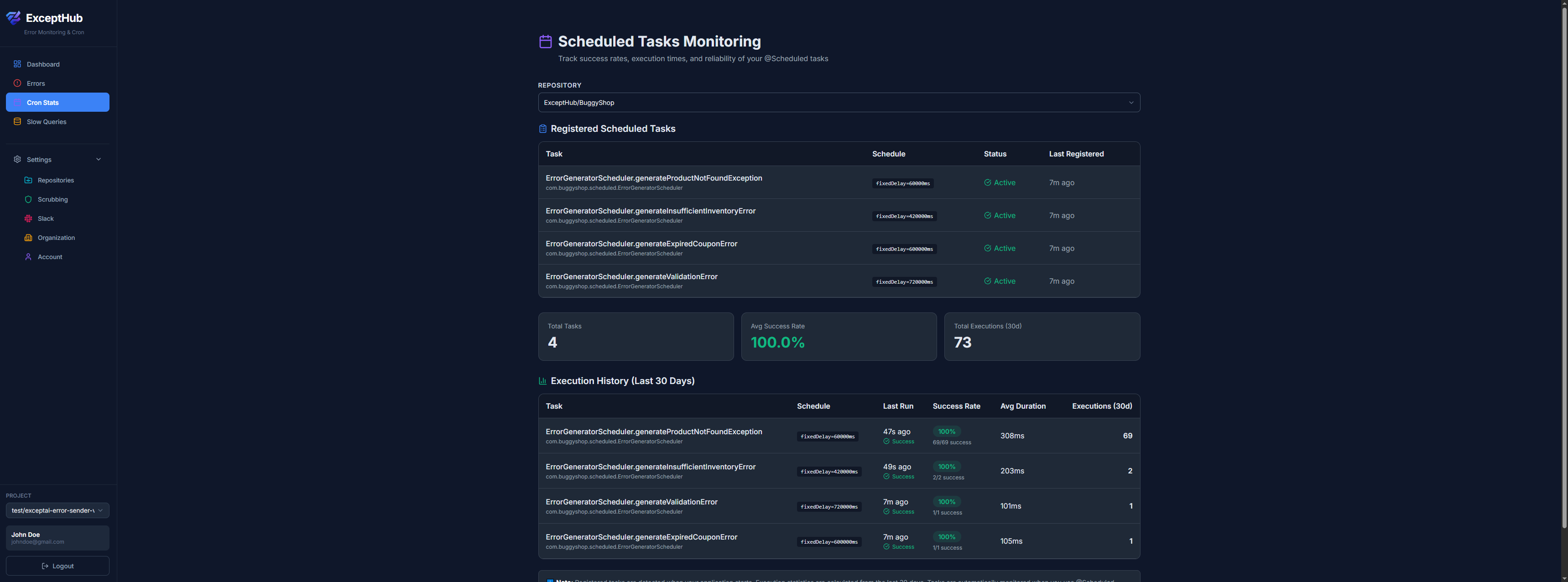 ExceptHub Cron Job Statistics