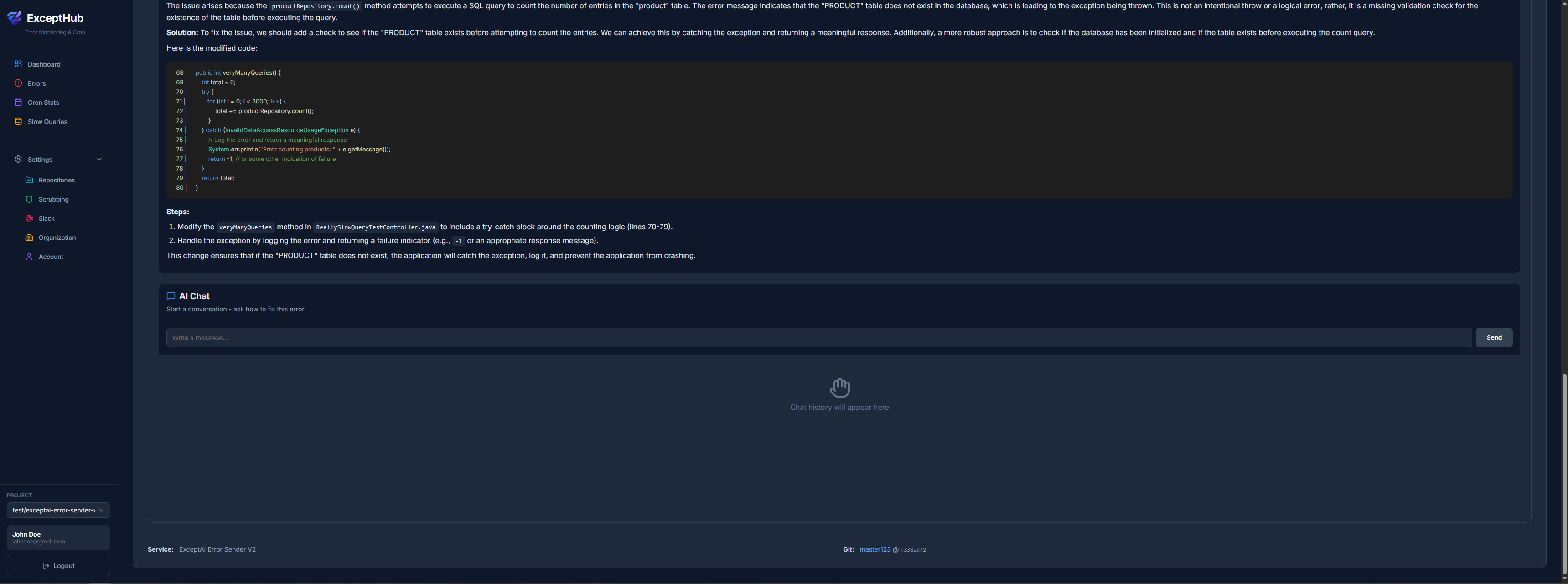 ExceptHub Error Detail - AI analysis and debugging suggestions