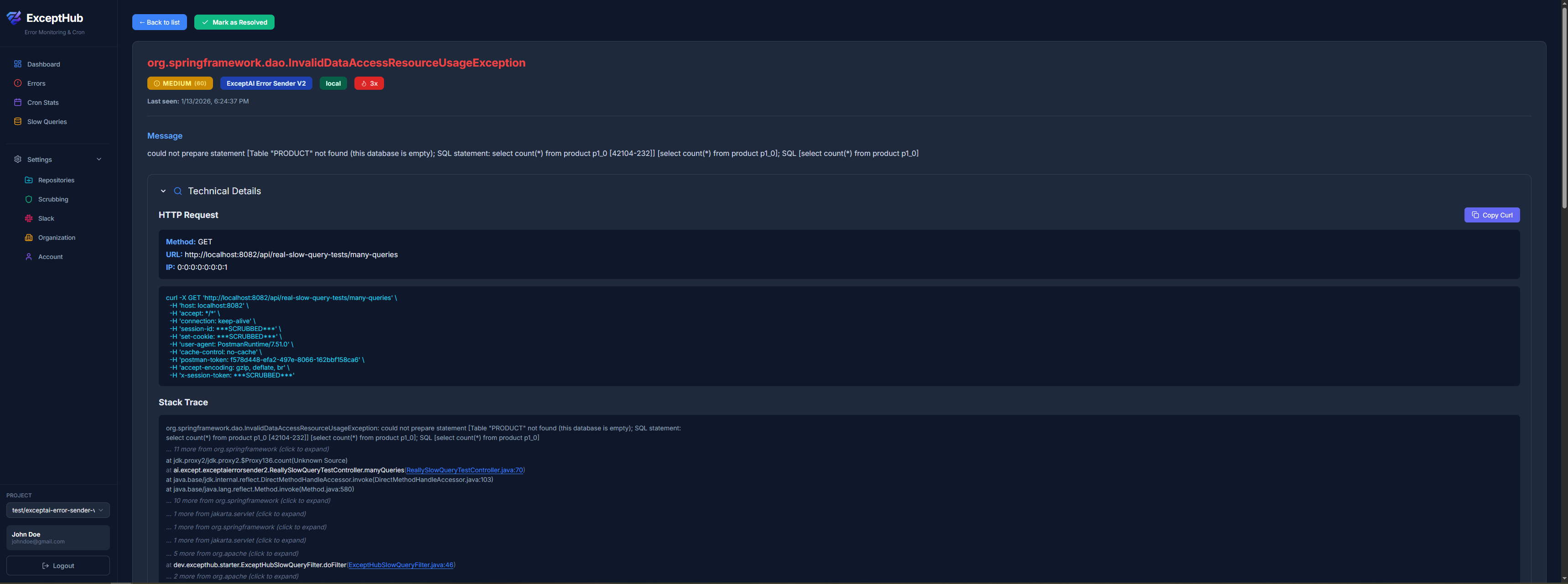 ExceptHub Error Detail - AI analysis and debugging suggestions